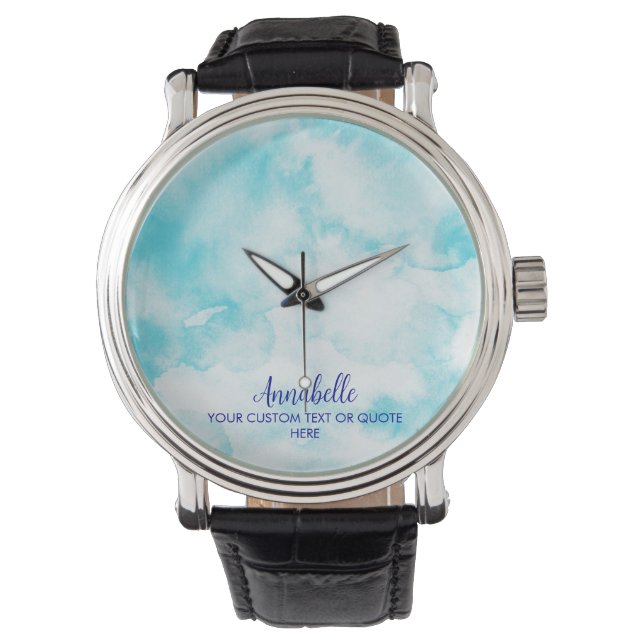 Sky Cloud Watercolor Blue White Armbanduhr (Vorderseite)