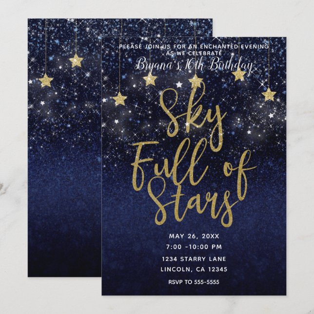 Sky Full Stars Starry Night Gold Blue Party Einladung (Vorne/Hinten)