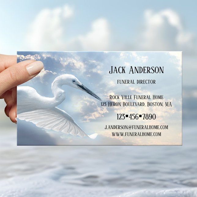 Sky Heron Beerdigung Director Business Card Visitenkarte (Business card with a blue heron against a lightly clouded sky - undertaker - funeral - embalmer)