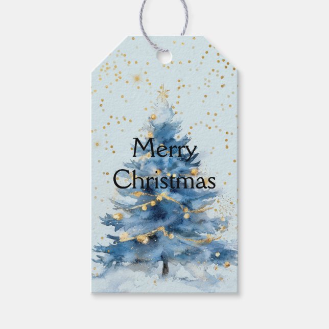 Sky Light Blue Gold Confetti Weihnachtsbaum Geschenkanhänger (Vorderseite)
