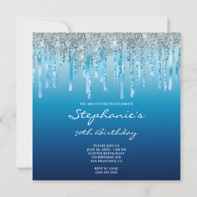 Sky Ocean Blue Ombre Glitzer Foil Tropfen Geburtst Einladung (Vorderseite)