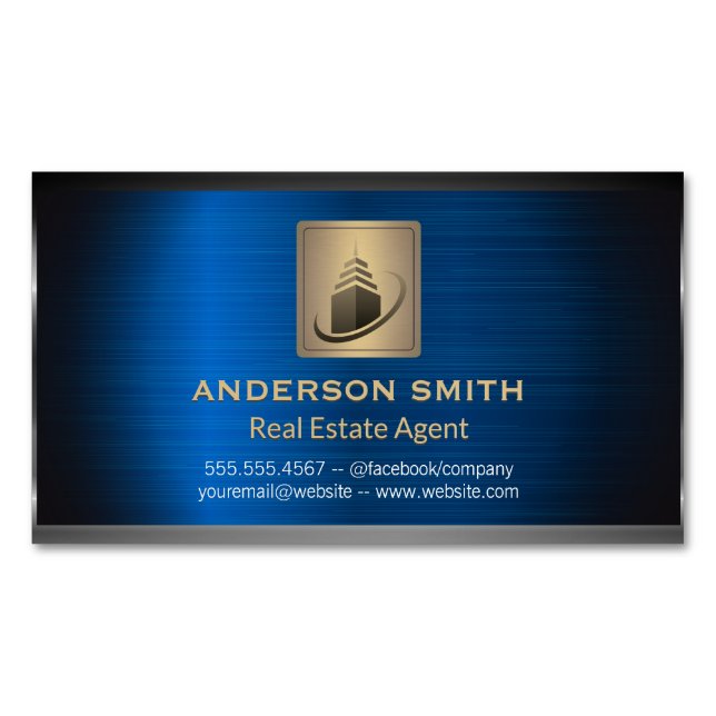 Sky Scraper Gebäude | Blue Metallic Background Magnetische Visitenkarte (Vorderseite)