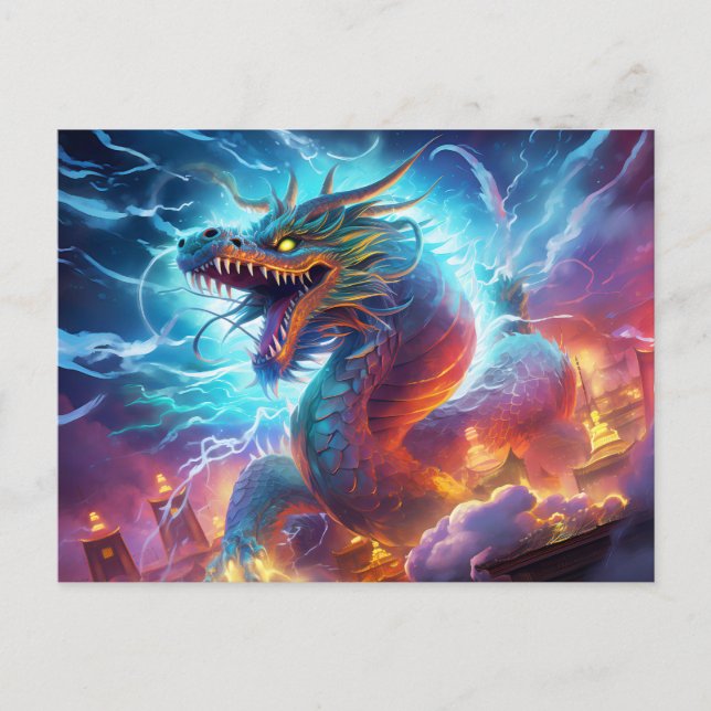 Skybreaker – Chinese Airbrush Dragon over City in  Postkarte (Vorderseite)