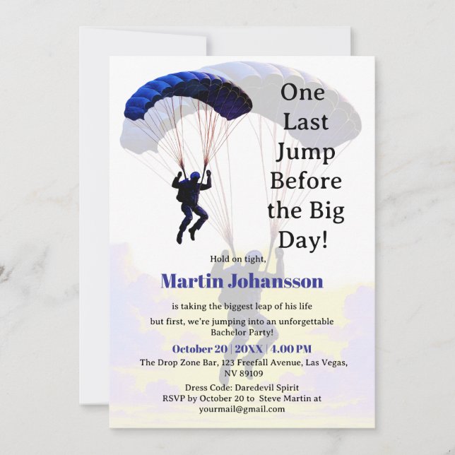 Skydiving Bachelor Party Funny Adventure Theme Einladung (Vorderseite)