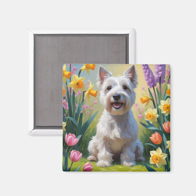 Skye Terrier Dog Frühlingsblumen Malerei Magnet (Vorderseite/Rückseite)