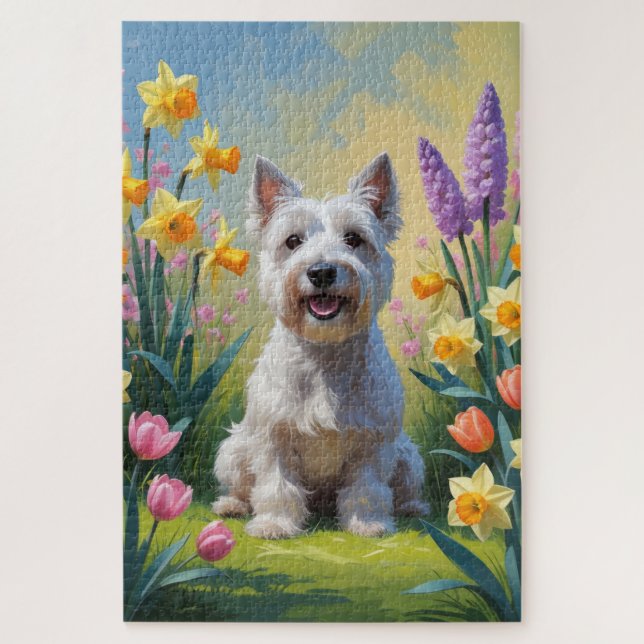 Skye Terrier Dog Frühlingsblumen Malerei Puzzle (Vertikal)