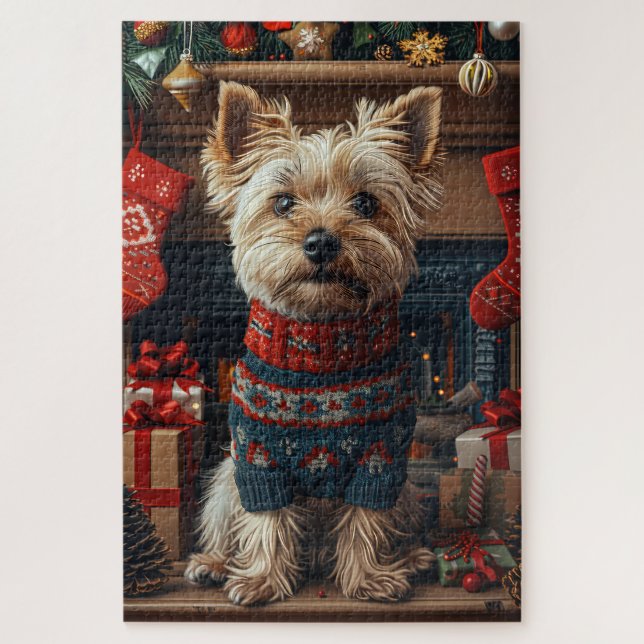 Skye Terrier Hund mit Weihnachtsgeschenken Kamin Puzzle (Vertikal)