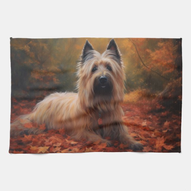 Skye Terrier im Herbst Leaves Fall Inspiriert Geschirrtuch (Horizontal)