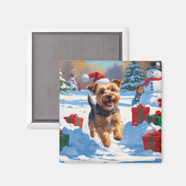 Skye Terrier läuft im Schnee mit Weihnachtsmütze Magnet (Vorderseite/Rückseite)
