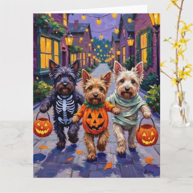 Skye Terrier Trick-or-Treating Halloween Costumes Karte (Gelbe Blume)