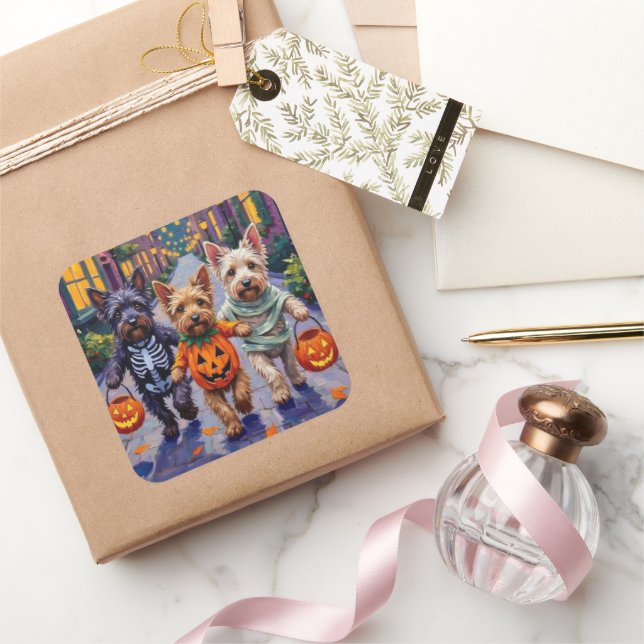 Skye Terrier Trick-or-Treating Halloween Costumes Quadratischer Aufkleber (Schenken)