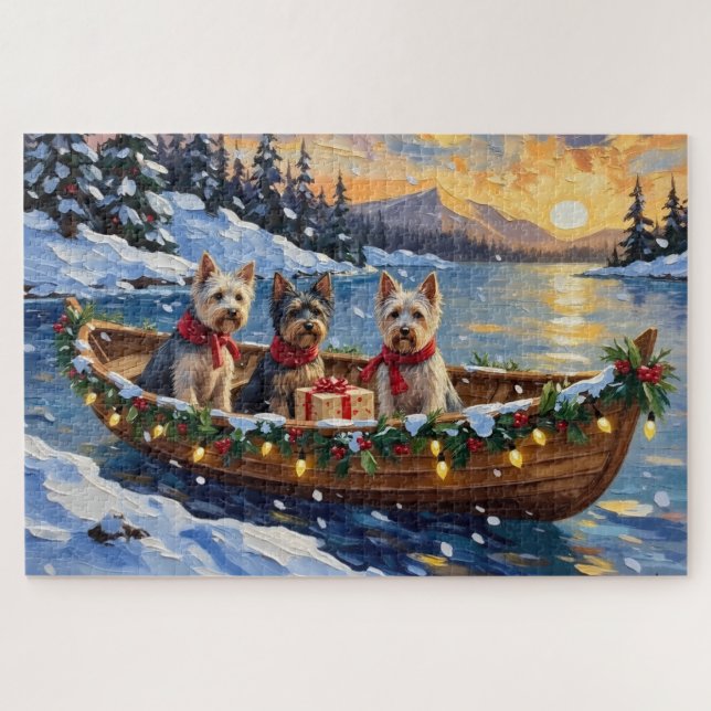 Skye Terrier Weihnachtsboot-Feiertag Puzzle (Horizontal)