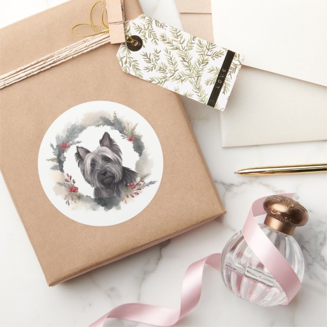 Skye Terrier Weihnachtsmann Festliche Jungfrau Runder Aufkleber (Schenken)