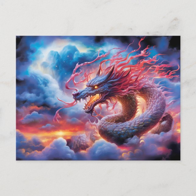 Skyfire Surge – Chinese Airbrush Dragon in Clouds  Postkarte (Vorderseite)
