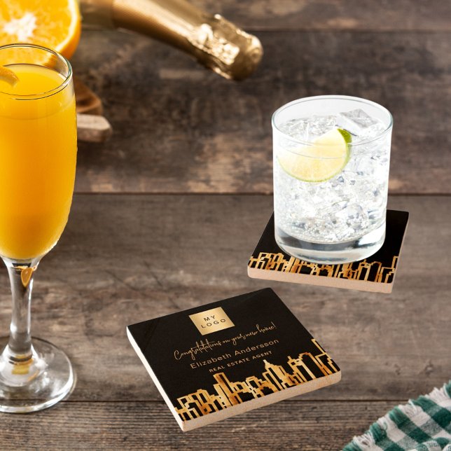 Skyline-Anwesen-Logo der Stadt Schwarzes Gold Steinuntersetzer (Von Creator hochgeladen)