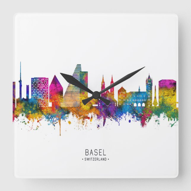 Skyline Basel Schweiz Quadratische Wanduhr (Vorderseite)