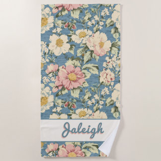 Skyline Blue Retro Floral Shadow Letters Strandtuch