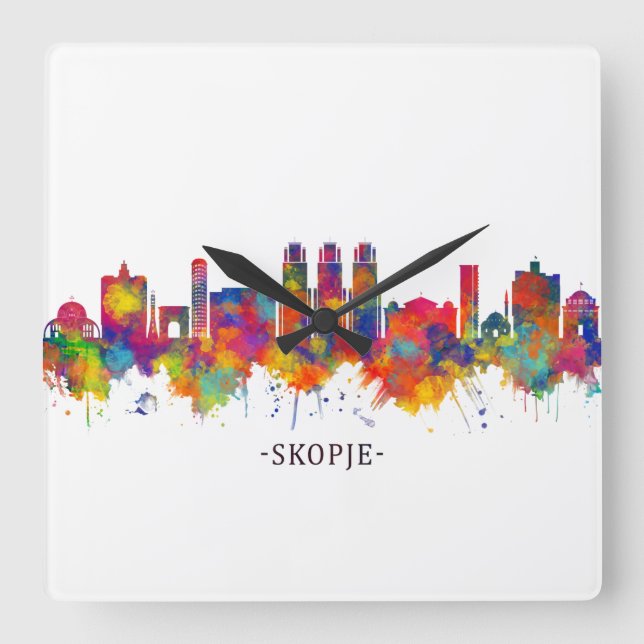 Skyline der Republik Mazedonien Quadratische Wanduhr (Vorderseite)