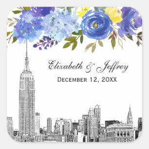 Skyline ESB Etch Blue Yellow Floral Water color Quadratischer Aufkleber