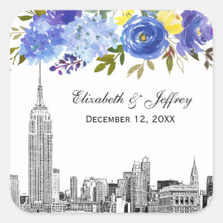 Skyline ESB Etch Blue Yellow Floral Water color Quadratischer Aufkleber