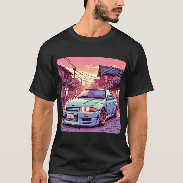 Skyline GTR32 Auto in japanischer Stadt T-Shirt (Vorderseite)