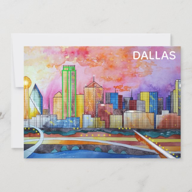 Skyline-Karte von Dallas Texas Watercolor City (Vorderseite)