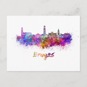 Skyline von Brügge in Aquarellfarben Postkarte