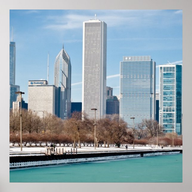 Skyline von Chicago über den gefrorenen Lake Michi Poster (Vorne)