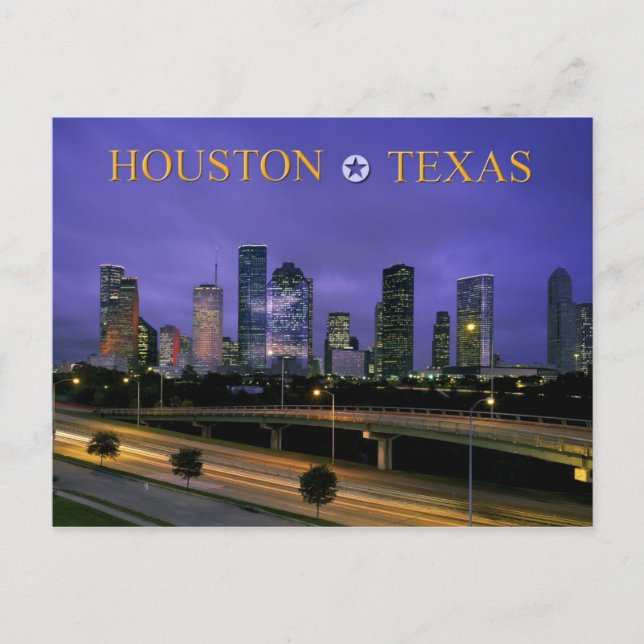 Skyline von Houston, Texas in der Abenddämmerung Postkarte (Vorderseite)