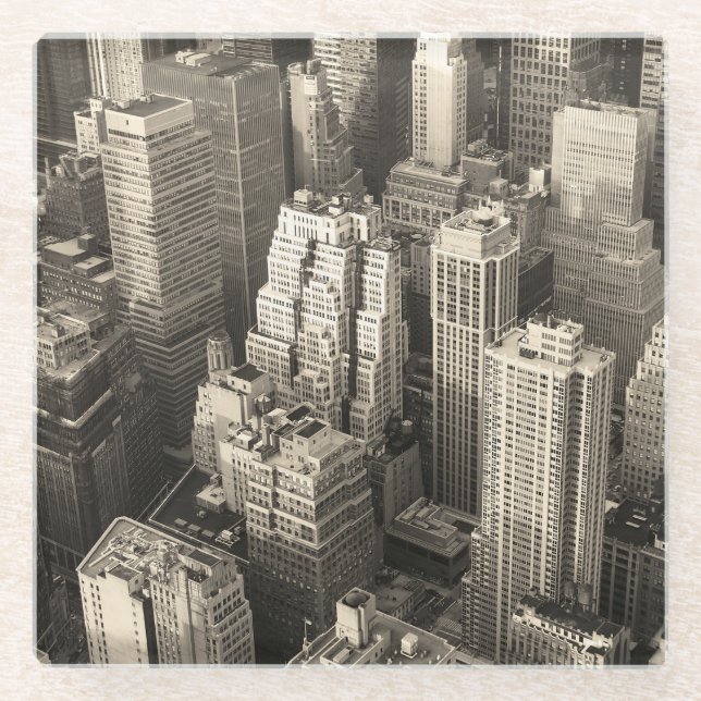 Skyline von Manhattan, schwarz-weiße Luft. Glasuntersetzer (Vorderseite)