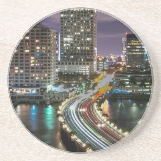 Skyline von Miami-Stadt mit Brücke nachts Sandstein Untersetzer (Vorne)