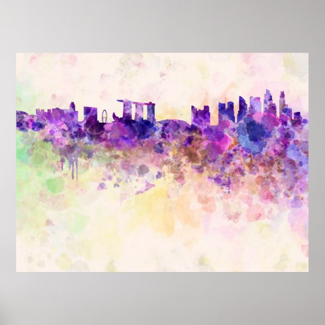 Skyline von Singapur im Aquarellhintergrund Poster (Vorne)