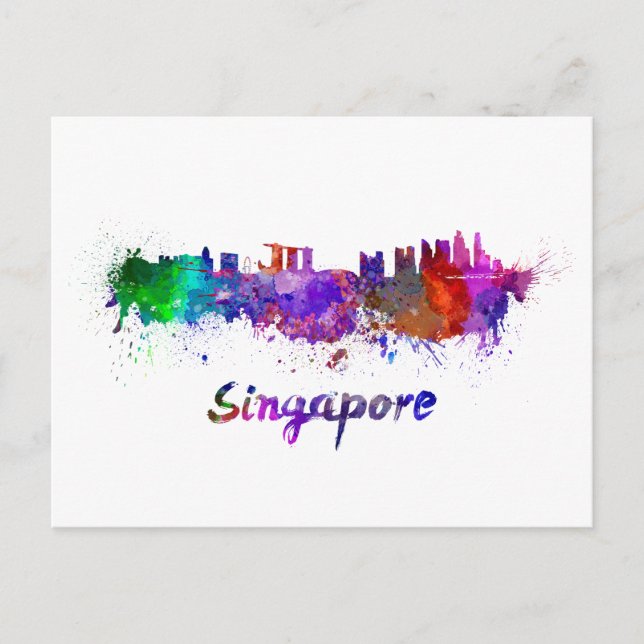 Skyline von Singapur in Aquarellfarbe Postkarte (Vorderseite)