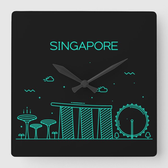 Skyline von Singapur Quadratische Wanduhr (Vorderseite)