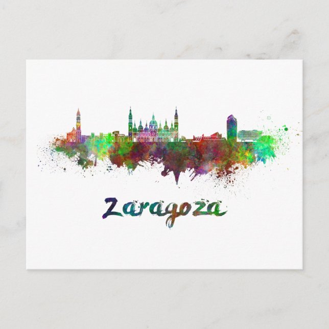 Skyline von Zaragoza in Aquarellfarbe Postkarte (Vorderseite)