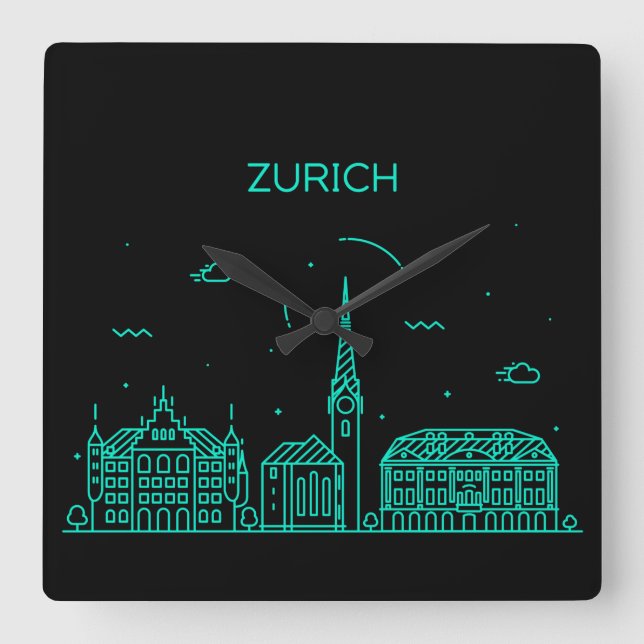 Skyline Zürich Quadratische Wanduhr (Vorderseite)