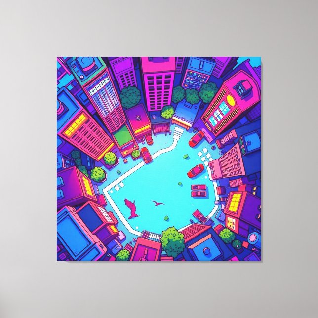 Skyview City - Neon Pop Städtische Landschaft Leinwanddruck (Vorderseite)