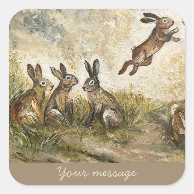 Skyward Fluff Meadow Hare Whimsical Rabbit Family  Quadratischer Aufkleber (Vorderseite)