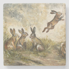 Skyward Fluff Meadow Hare Whimsical Rabbit Family  Steinuntersetzer