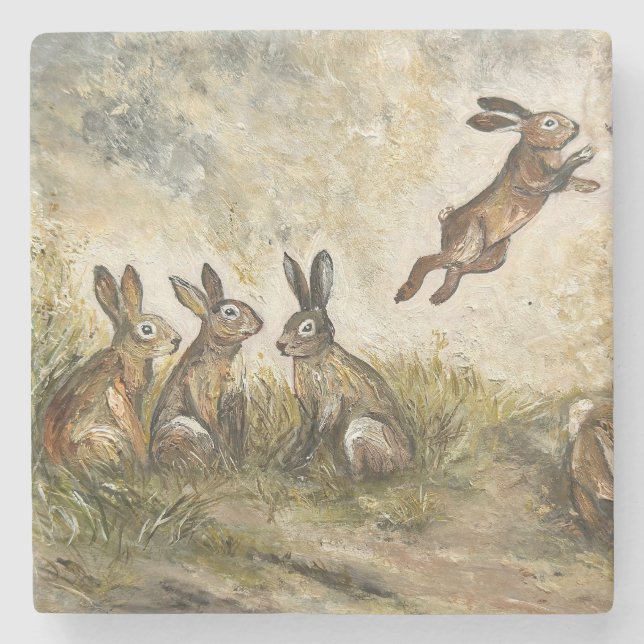 Skyward Fluff Meadow Hare Whimsical Rabbit Family  Steinuntersetzer (Vorderseite)