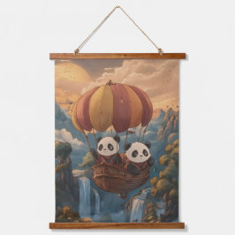 Skyward Journey: Panda Explorers in Flight Wandteppich Mit Holzrahmen
