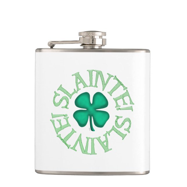 Slainte mit weißem Kleeblatt umhüllte Flasche Flachmann (Vorderseite)