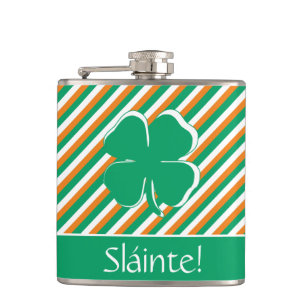 Sláinte Modern Green Orange Stripes Irish Kleeblat Flachmann