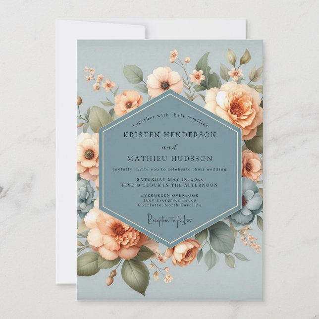 Slate Apricot Bloom Wedding Einladung (Vorderseite)