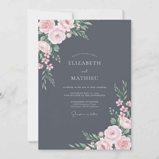 Slate Blass Rosa Blütenhochzeit Einladung (Vorderseite)