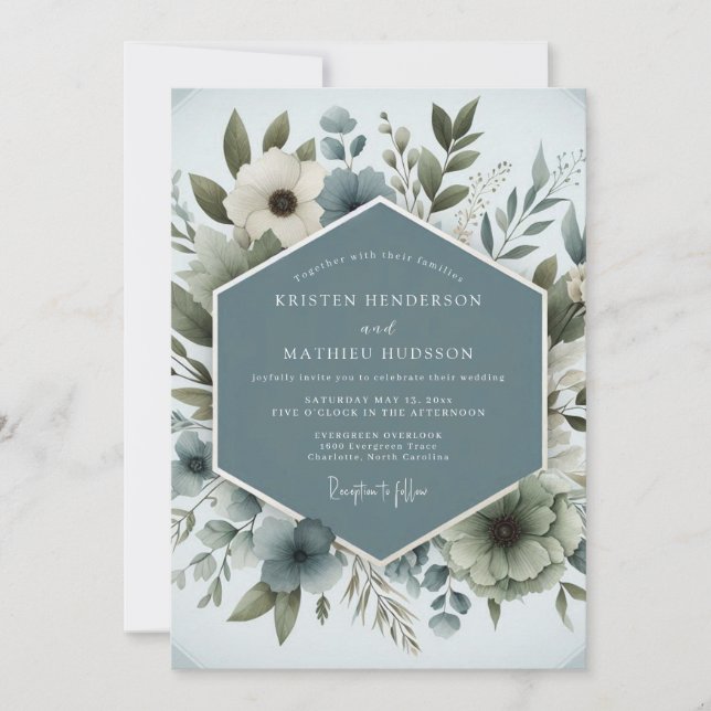 Slate Blue Aqueous Bloom Wedding Einladung (Vorderseite)