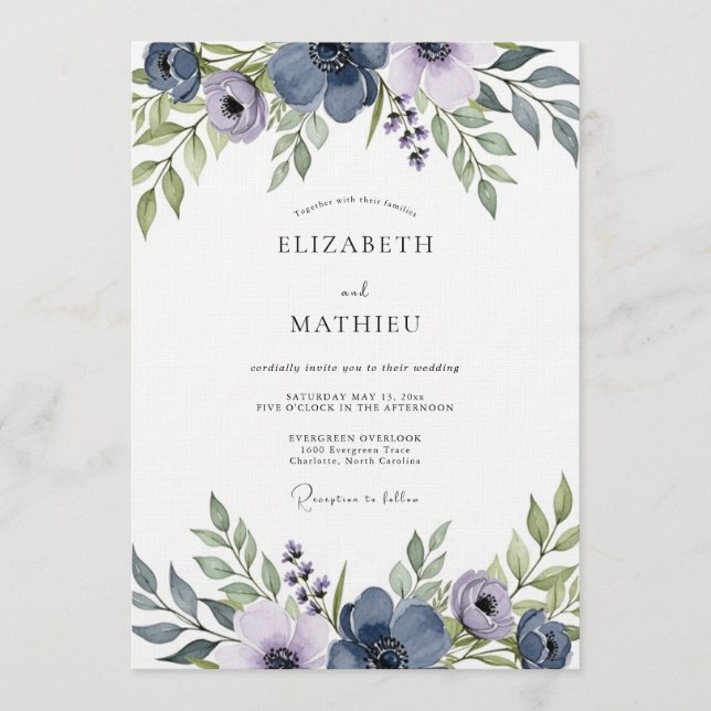 Slate Blue Artistic Floral Wedding Einladung (Vorderseite)
