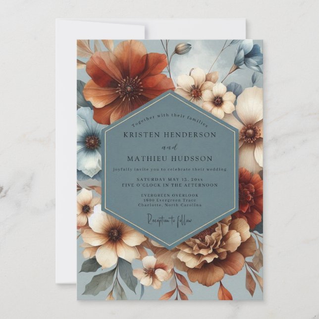 Slate Blue Auburn Flora Wedding Einladung (Vorderseite)