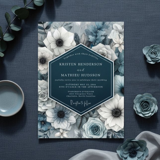 Slate Blue Bloom Nocturne Wedding Einladung (Von Creator hochgeladen)