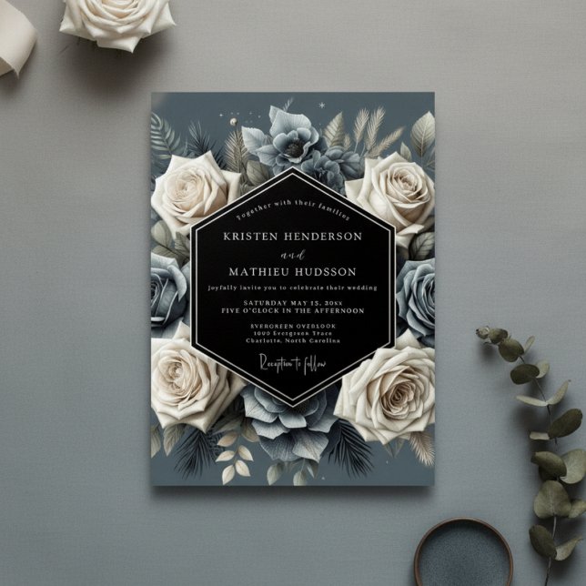 Slate Blue Bloom Opulent Wedding Einladung (Von Creator hochgeladen)